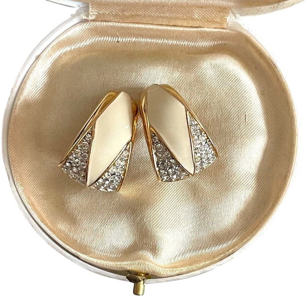 Vintage St. John Cream Enamel Rhinestone Clip On Gold Tone Earrings